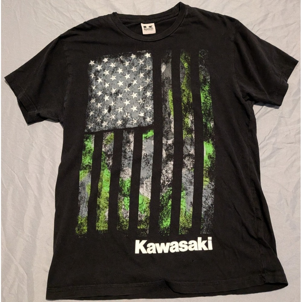 Kawasaki Motorcycle Racing Street Bike Flag Vintage Black Shirt Size Small